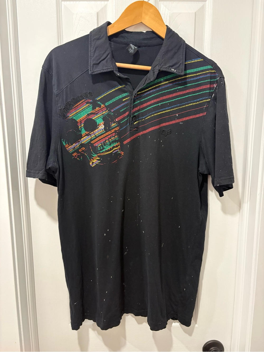 Y2K Fox Black Polo Multicolor Skull Graphic distressed, men’s XL